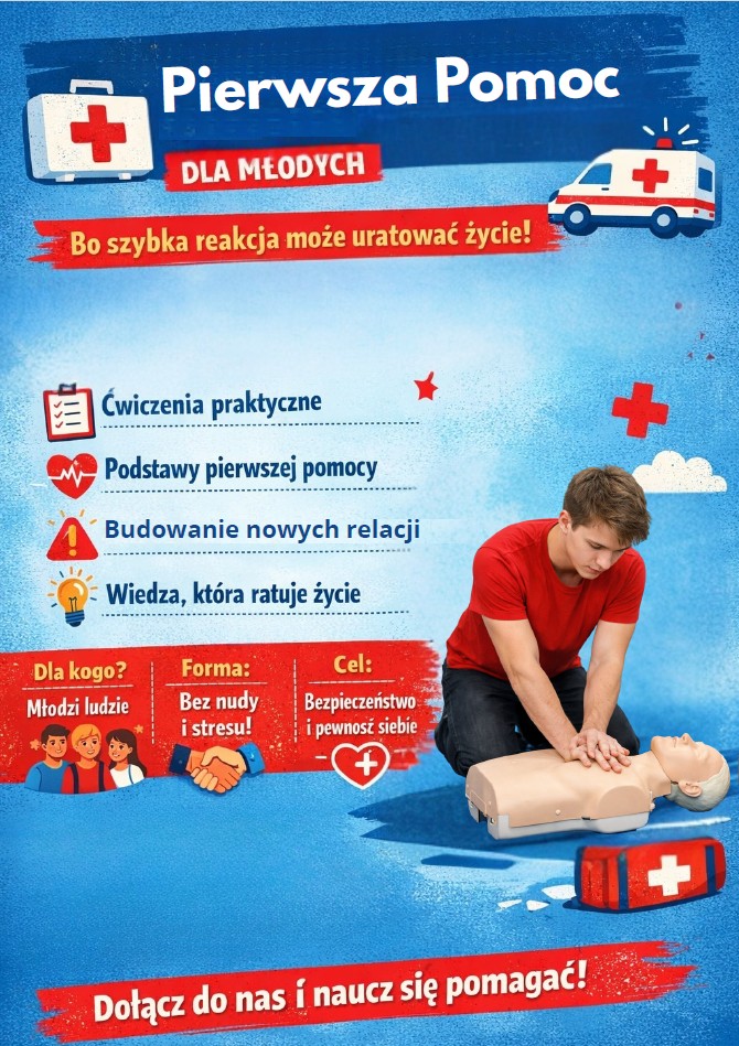 napis pierwsza pomoc dla młodych, karetka, nastolatek ćwiczący na fantomie uciskanie klatki piersiowej,